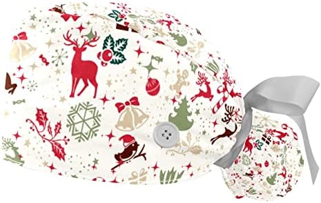 Работна капа со копчиња Медицинска сестра буфантска капа Божиќ бонбони трска позадина рамен дизајн за чистење капа за жени долга коса