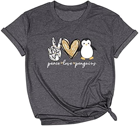 Мир Loveубов пингвини маица женски симпатична пингвин печати кратки ракави врвови на екипаж, обични графички маички летни блузи