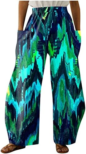 Женски постелни панталони половината лабава печатена домашна панталона со права нога со џебови летни панталони за плажа
