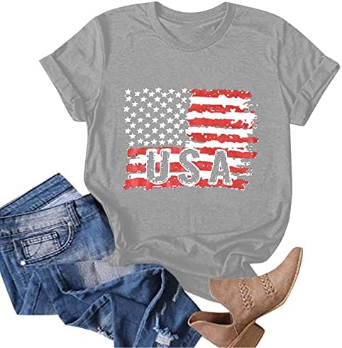 Патриотски кошули за жени во САД знаме лето кратки ракави на вратот О-вратот ленти starsвезди лабава вклопена удобна празнична кошула
