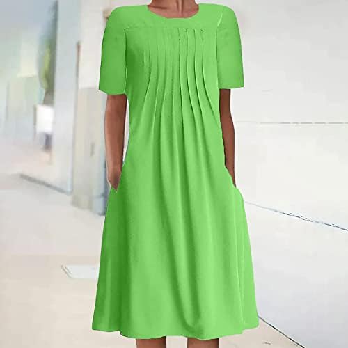Женски обичен миди фустан лето бохо цветен екипаж врат краток ракав плетенка проточен миди фустан со џеб