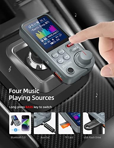 Nulaxy FM Bluetooth Transmiter за автомобил, силен микрофон Bluetooth адаптер за автомобили со 1,8 екран во боја за бесплатни повици, поддржува полнење QC3.0, Treble и Bass Sound Music Player- Km30 Grey