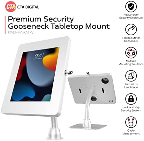 Stand Gooseck Kiosk - CTA Premium Security Kiosk Stand со монтажа на таблети Gooseneck за iPad 7 -ми/ 8 -ми/ 9 -ти генерал 10.2 ”, iPad Pro