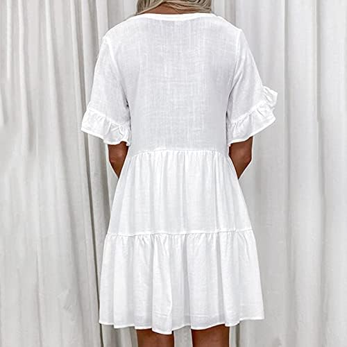 Женски издвоен мини фустан памучен постелнина занишана лушпа од кратки ракави, пеперутка фустани, обичен измамен фустан со џеб