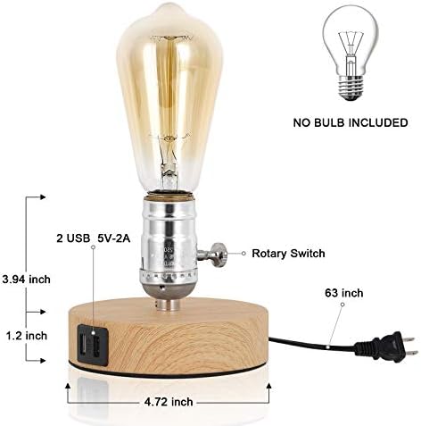 Bty гроздобер табела за ламба со двојна USB порта мини индустриска основна ламба мала држач за ламба за ноќна ноќ за маса, кревет,