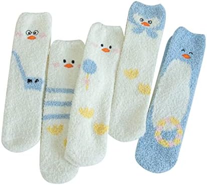 Весниба 5 пара жени зимски топло корално руно чорапи симпатична патка плус руно средна цевка чорапи залихан клип
