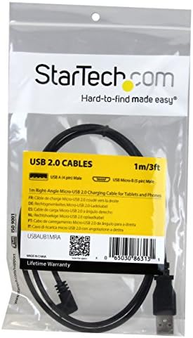 Startech.com 1m 3 ft микро-USB Charge-and-Sync Кабел-микро-USB со десен агол-m/m-USB до кабел за полнење со микро USB-30/24 AWG, црна