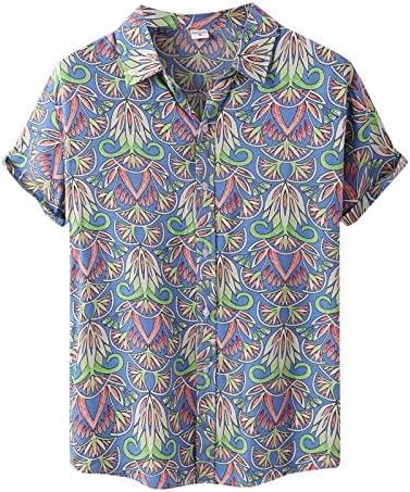 Машка лежерна модна кошула Топ цветни цветни Хаваи печатени врвови на стилски кошула со кратки ракави за вртење на јака кошула