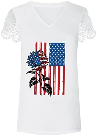 Womenенска кошула на 4 -ти јули Американското со сончогледи на американско знаме Печатете ги врвовите на врвовите на кратки ракави за независност
