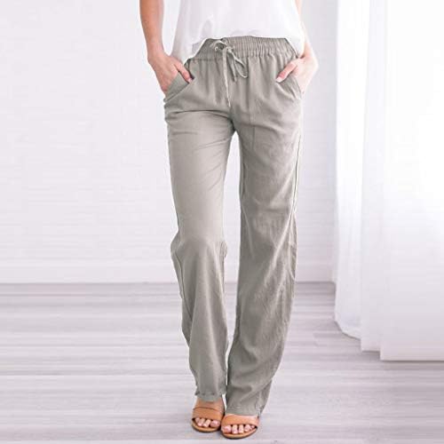 Летни обични памучни постелнини панталони за жени широки нозе панталони со џебови лабава вклопена цврста боја права панталони за нозе плажа панталони