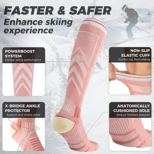 Рахинт мерино волна скијачки чорапи 2-пакувања, компресија колено високи термички чорапи жени жени за скијање сноубординг студено време
