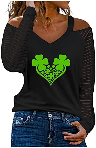 Денот на Свети Патрикс, маички за маички за жени секси чиста ракав маица V вратот со долг ракав пулвер, постелнина за печатење на срцето