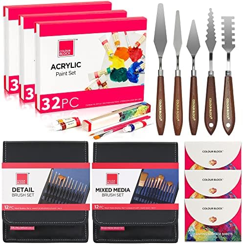 Блок во боја 127PC пакет на акрилна боја | ПУ -кожни четки за боја, палети ножеви и акрилна боја за почетници, студенти, наставници