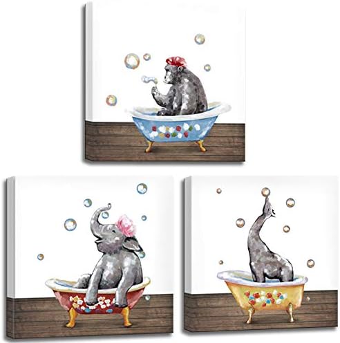 Lovehouse Апстрактна животинска wallидна уметност за декорација на wallидови за бања 3 парчиња слатки слонови Горила жирафа се бањаат во када