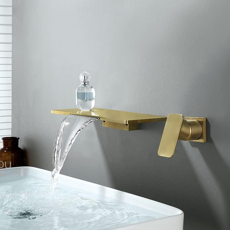 Хауселибе водопад тапа за бања, wallид монтирана тапа за мијалник за бања за бања единечна рачка топла и ладна суета тапа, четкано злато