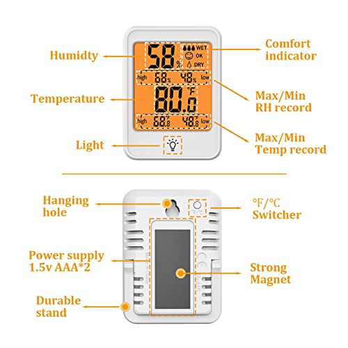Хигрометар на дигитален термометар Fzhome, термометар за собна температура, термометар во просторија/затворен, мерач на влажност,