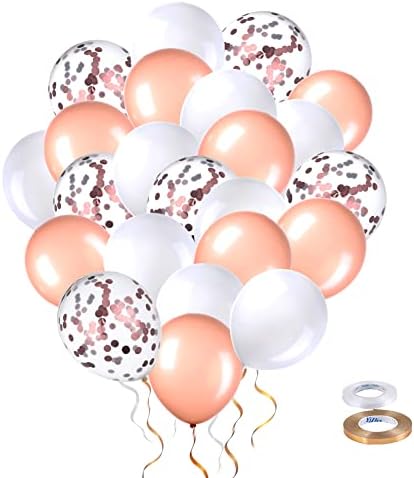 60 Парчиња Розово Злато И Бели Балони, Розово Злато Конфети Балони, Задебелени Латекс Балони Украси За Роденден, Забава, Свадба, Годишнина,
