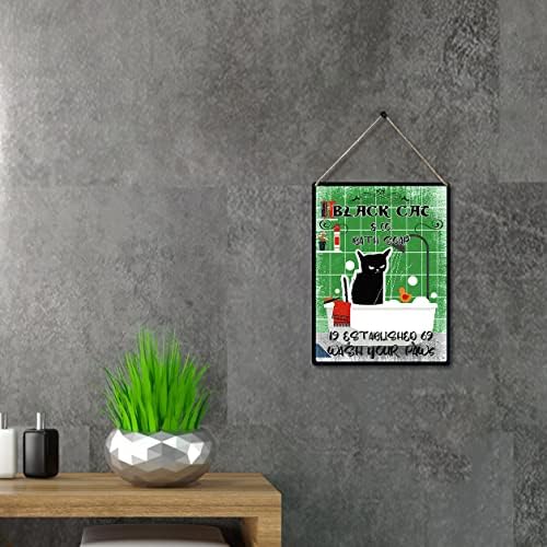 Црна мачка и копродукции сапун за бања Измијте ги шепите знаци од дрво Плакета знак wallид што виси ретро бања Цитат за знак за