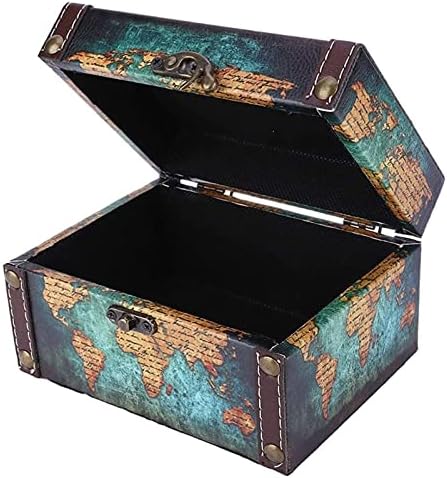 SEEWOODE AG205 Европски Гроздобер Накит Кутија За Складирање Повеќенаменски Антички Дрвени Пиратски Богатство Градите Светска Мапа