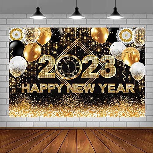 Aibiin 7x5ft црна и златна среќна нова година одбројување на позадината на позадината Здраво 2023 Злато Боке, сјајно балони огномет,