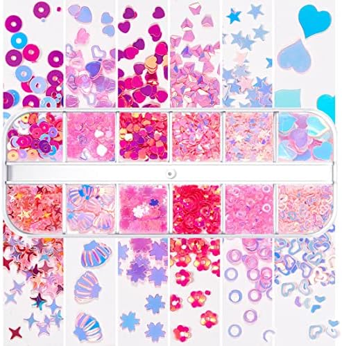 24 мрежи холографски сјајни нокти за акрилни нокти starsвезди срцеви нокти sequins розови розови сјајни сјајни снегулки за дизајн на