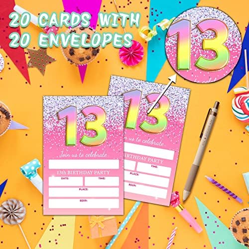 13 -ти картички за покани за роденденска забава - Покана за роденден на розов сјај за девојчиња/момчиња - Детска балон за балони за пополнување