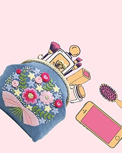 Gogobear рачно изработена DIY извезена чанта за жени девојки почетници Везници за монети чанти од розови цвеќиња