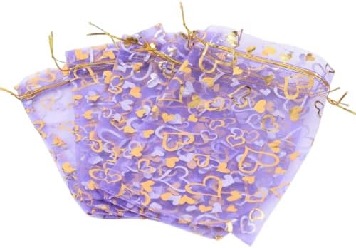Cheriswelry 100 парчиња срцеви печатени торби органза, чиста органза влечење торбички закуски за забави фаворизираат торби за