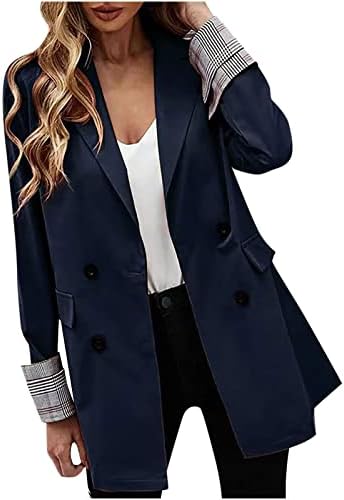 Classeенски Блејзер класичен кариран ролна ракав за работа со ракави, јакни со копче отворено предни костуми водоотпорен палто