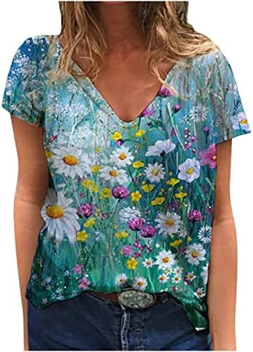 3Д цветни печатени врвови за жени гроздобер летни обични врвови кратки ракави против вратот лабави маички бохо тунични блузи маички кошула