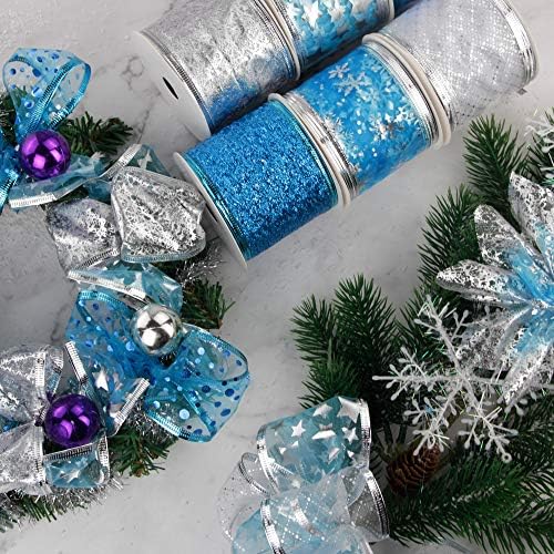 Божиќна лента Ватин, жични празнични забави со празници разновидни снегулки точки холи starвездени обрасци украси, вртливата лента со сјај 36 јарди -блуз/сребро