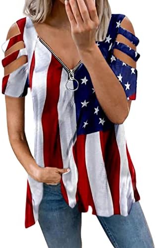 4-ти јули маички за жени за жени за жени летни кратки ракави со врат од вратот на врвовите на американските знами