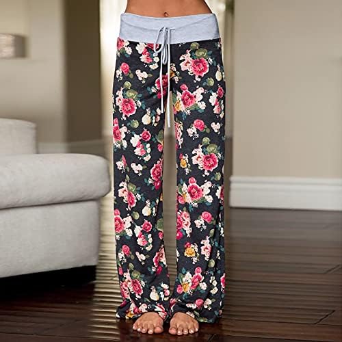 Широки панталони за нозе за жени цветни печати опуштени вклопуваат широки панталони за нозе Еластични половини за дишење панталони за жени со џебови