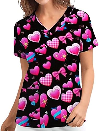 Лето Scrub_Tops За Жени Насекаде Срца Печати Медицинска Сестра Работна Облека V Вратот Краток Ракав Блузи Со Џебови