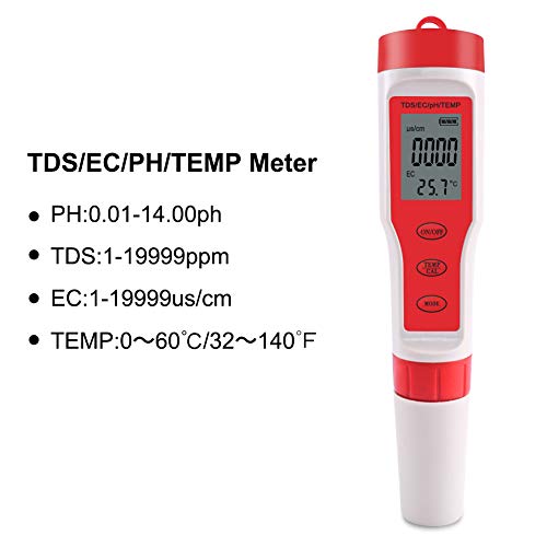 Meichoon 4 во 1 дигитален мерач на pH со ATC, PH/TDS/EC/TEMP метар со голема точност Тест за квалитет на џеб за џеб за базени,
