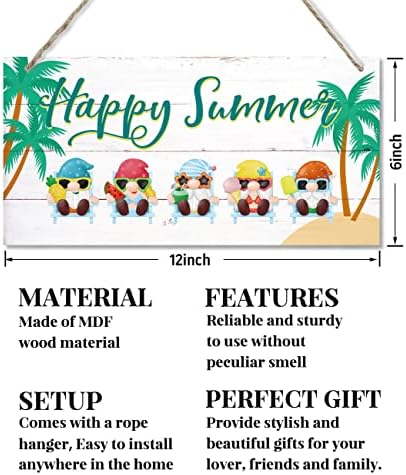 Среќен декор за летни знаци, виси дрво знак дома декоративен, печатен знак за уметност од дрво, знаци на gnом плажа wallидни декор со јаже,