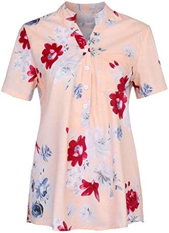 Uikmnh женски копчиња до маица летни цвеќиња жени кратки ракави блуза со џеб лабава кошула