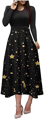 Фустан со долг ракав за жени плус големина случајна елегантна долга империја половината макси фустани со Божиќно печатење