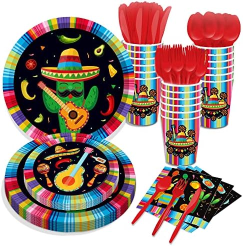 CC Home Mexican Fiesta Party Theated Party Supplies Parting Parting Parts Cinco de Mayo Party Decorations Party Party - Служи 16 - Вклучува мексикански партиски плочи на фиеста чаши салфетки