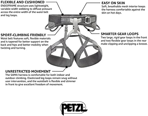 Petzl Sama Unisex Harness - Rock Climbing Harness за салата, Crag или повеќестепени патеки - сиви - м