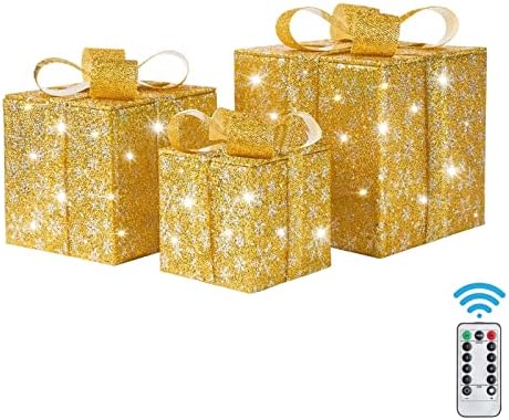 3 парчиња Божиќни светли кутии за подароци за Божиќни украси, голема големина од 3 декор за кутии за подароци со предводени светла за менување