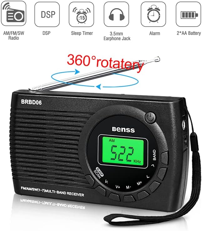 BENSS Мала радио батерија управува FM/AM/SW, преносни радија со екран на екран/приклучок за слушалки/часовник за аларм, мини транзистор радио