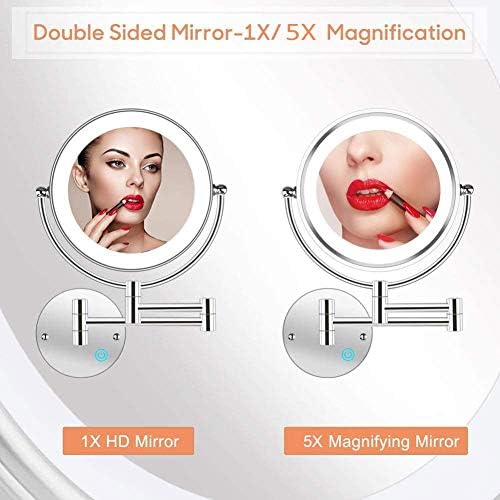 8 wallид монтиран шминка огледало со светла LED 5x wallид шминка суета огледало двострана, копче за допир и прилагодлива светлина, шминка