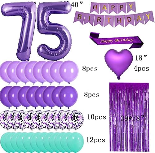 Виолетова Декорација ЗА Забави НА 75 ти роденден Обезбедува Виолетова тема Среќен роденден појас 40 инчни Балони Од Фолија Број 75 Балони Од Срцева Фолија Виолетови З