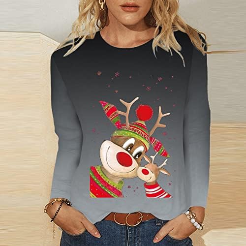 Женска весела Божиќна маица смешна долга ракав Божиќ ирваси графички принт обичен маица блуза со блузи врвови