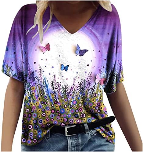 Дами против вратот Спандекс врвови на салон блузи кошули кратки ракави цветни печати летни есен на врвовите на облеката трендовски РС