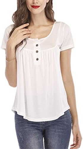 Andongnywell женска цврста боја летна кратка ракавица маица за вратот Туника на врвови кошули со блузи со копче лабава маица врв на маица