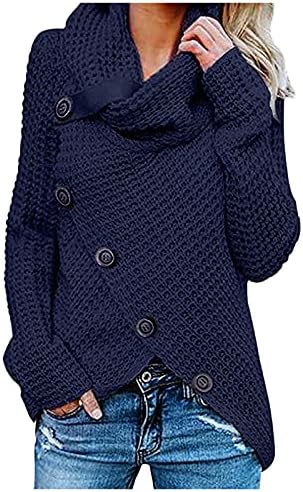 Women'sенски плетени џемпери случајни копче кукавички врат со долг ракав асиметрична обвивка пуловер Туника за џемпери врвови блуза