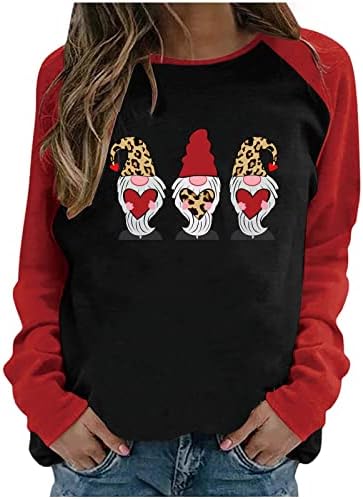 Womenенски 2023 година Денот на вineубените Раглан маица мода со долг ракав екипаж на врвови смешни симпатични гноми графички пуловер