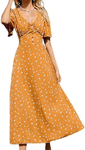 Женски обичен летен фустан со летен фустан со кратки ракави полови долги фустан Боемски цветен принт тенок фустан од миди забава